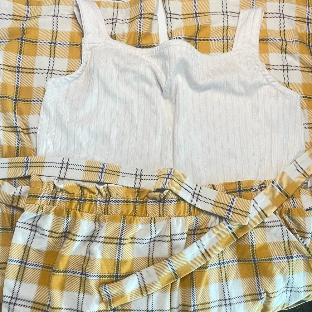 No Comment Girls 16 XXL White and Yellow Plaid Jumpsuit Hemmed Straps PRELOVED